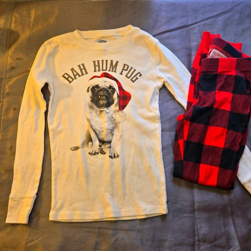 Kids Old Navy Pajama Set L‎ 10 Bah Hum Pug Long Sleeve Top Red Plaid Pants
